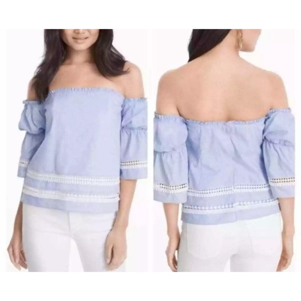 White House Black Market Off Shoulder Blue Boning Coastal Preppy Cottagecore 8P